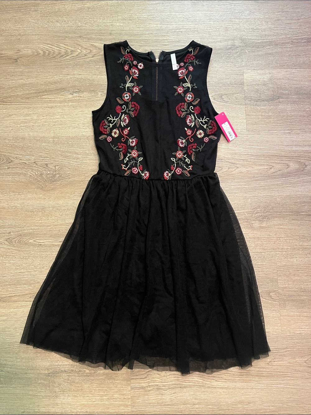 NWT Black Tulle Mini Dress with Red Floral Embroidery
